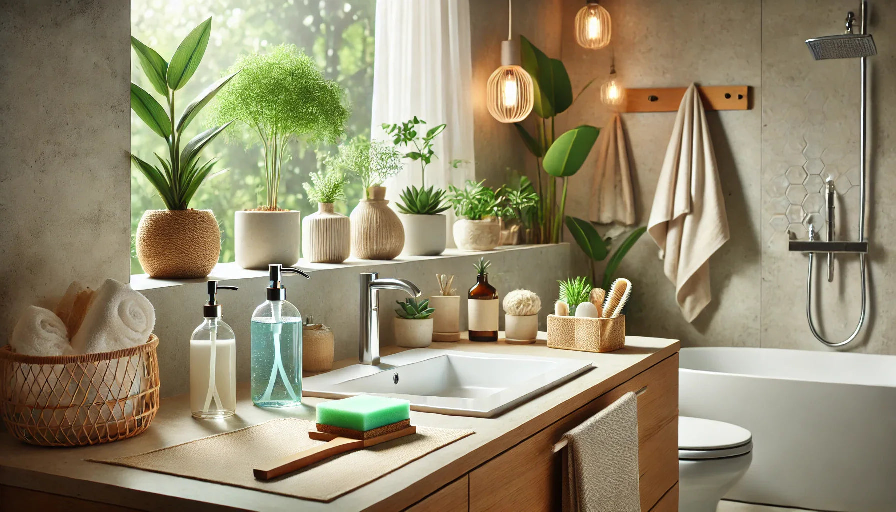 Ein blitzsauberes Badezimmer mit umweltfreundlichen Reinigungsmitteln auf der Ablagefläche, helles und frisches Ambiente, Fokus auf natürliche Materialien