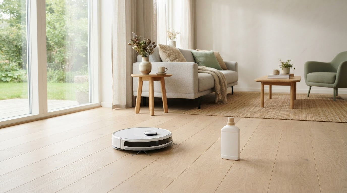 Wischroboter auf hellem Holzboden in einem hellen Wohnzimmer