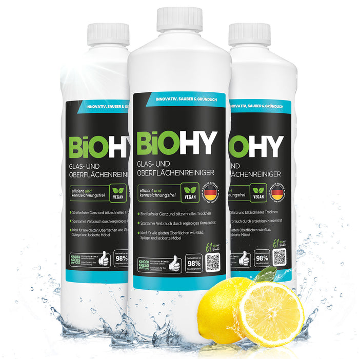 BiOHY Glas- und Oberflächenreiniger 3er-Pack (3 x 1 Liter Flasche) – Sparpaket für klare Scheiben