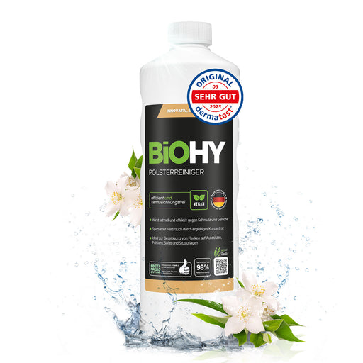 BiOHY Polsterreiniger 1 Liter – veganes Konzentrat gegen tiefsitzende Flecken auf Sofa, Matratze, Teppich und Autositz, für Waschsauger und manuell, Made in Germany