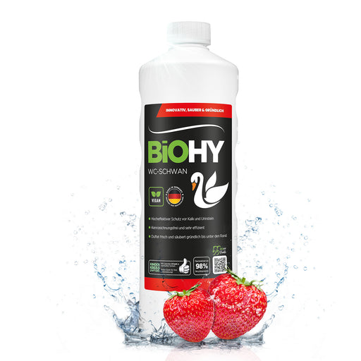 BiOHY WC-Schwan 1 Liter, Toilettenreiniger-Gel mit gebogenem Flaschenhals, Frontansicht