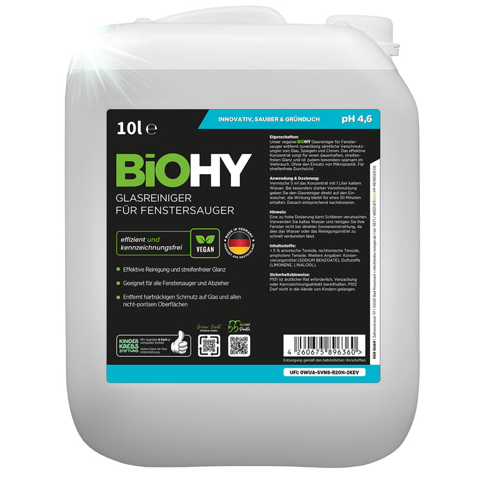 BiOHY Glasreiniger für Fenstersauger 10L (B2B) – streifenfrei für Kärcher WV & alle Fenstersauger (Produktflasche)