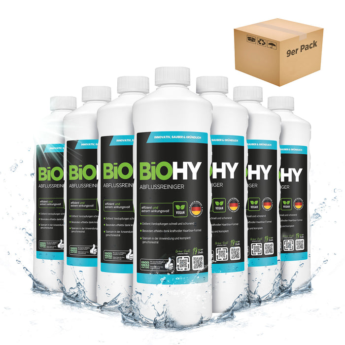 BiOHY Abflussreiniger 9er-Pack (9 x 1 Liter) – Großpack mit Haarlöseformel