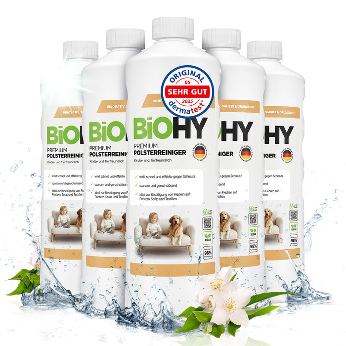 Etikett mit Inhaltsstoffen und Dosierhinweis – BiOHY Premium Polsterreiniger