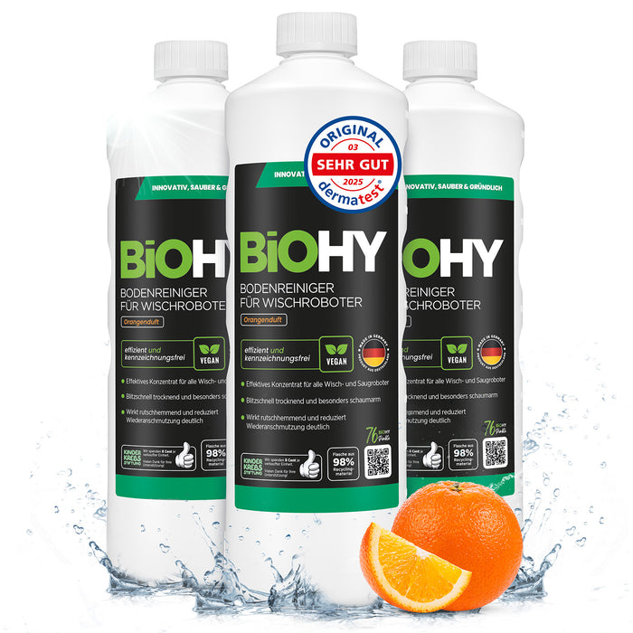 BiOHY Bodenreiniger für Wischroboter mit Orangenduft – nicht schäumendes Bio-Konzentrat (für Roborock, Dreame & Ecovacs)