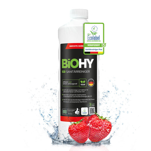 BiOHY Sanitärreiniger Plus, 1-Liter-Flasche, Frontansicht mit Etikett, Konzentrat für Bad und Sanitär