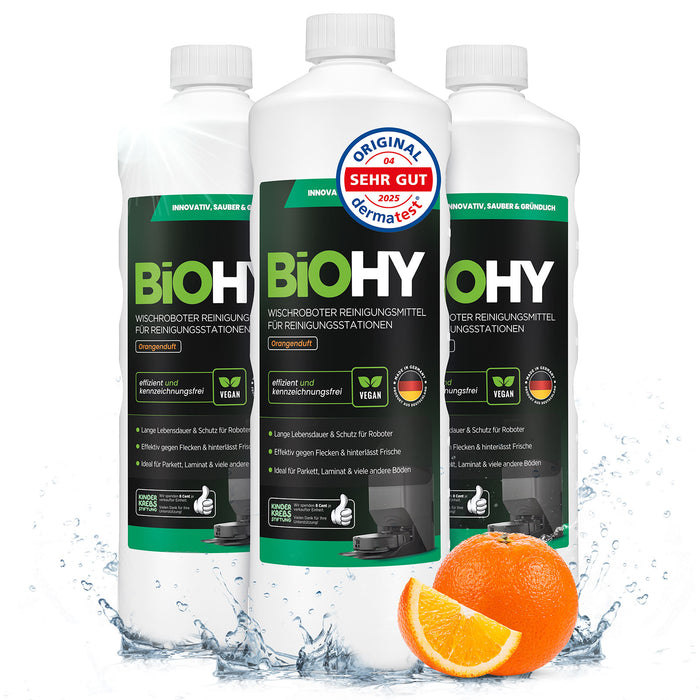 BiOHY Wischroboter Reinigungsmittel für Reinigungsstationen mit Orangenduft – streifenfreies Wischergebnis (für Roborock, Dreame & Ecovacs)