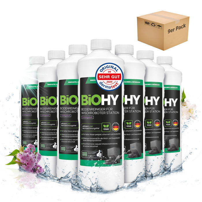 Etikett mit Inhaltsstoffen und Dosierhinweisen – BiOHY Wischroboter-Station Reiniger Frühlingsduft