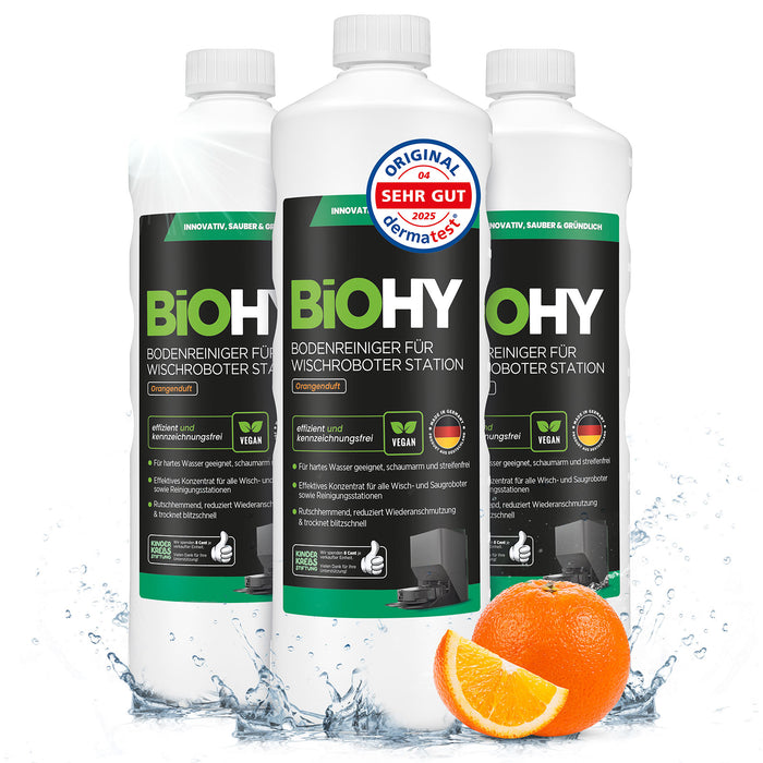 Produktflasche mit Etikett – BiOHY Wischroboter-Stationsreiniger Orangenduft