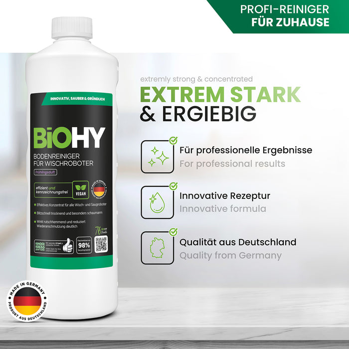 BiOHY Bodenreiniger für Wischroboter Frühlingsduft – Etikett mit Dosierhinweis