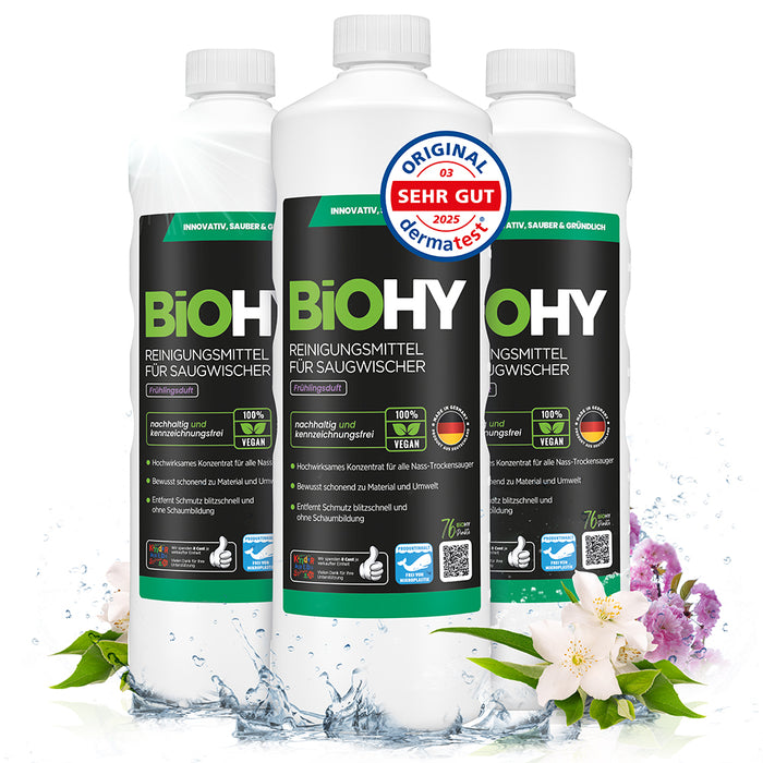 BiOHY cleaning agent for vacuum wipers, cleaners for wet and dry vacuum cleaners, floor care products, organic cleaners